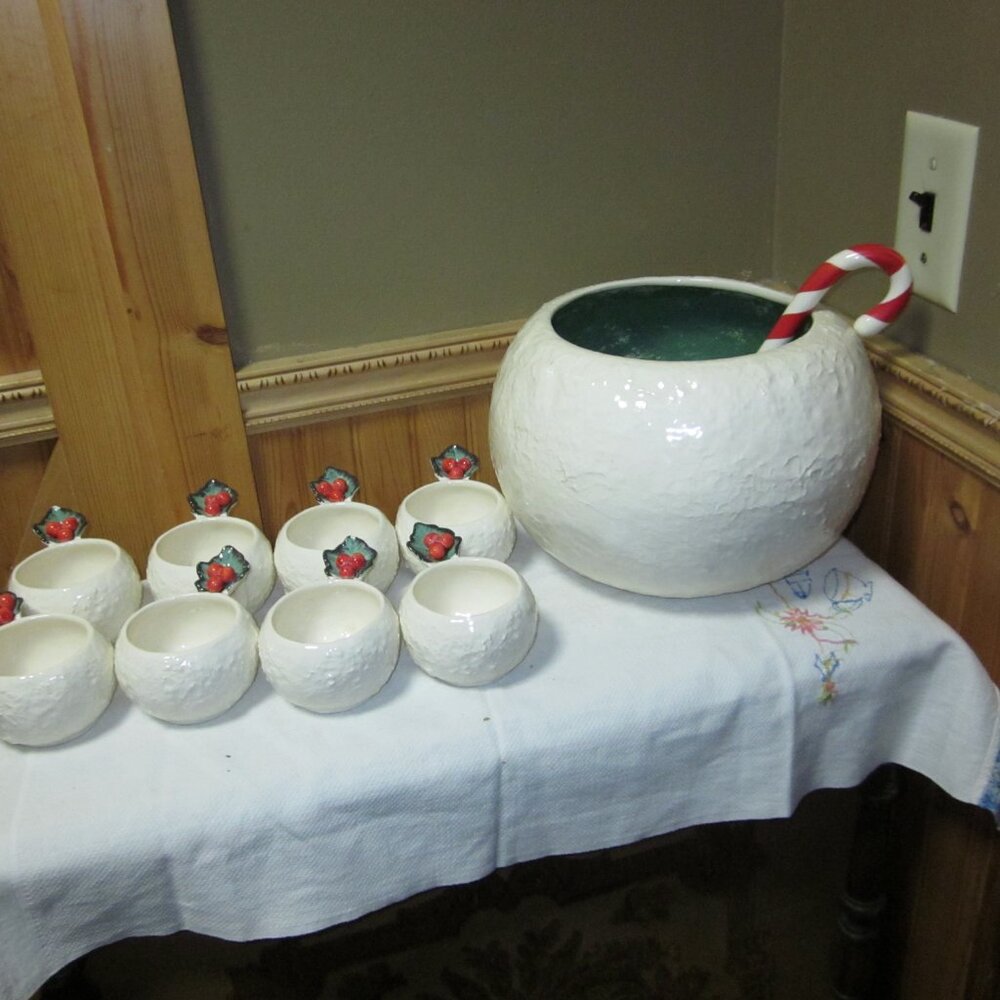 Vtg Riddell Cal pottery 50s signed snowball punchbowl set - Picture 3 of 11